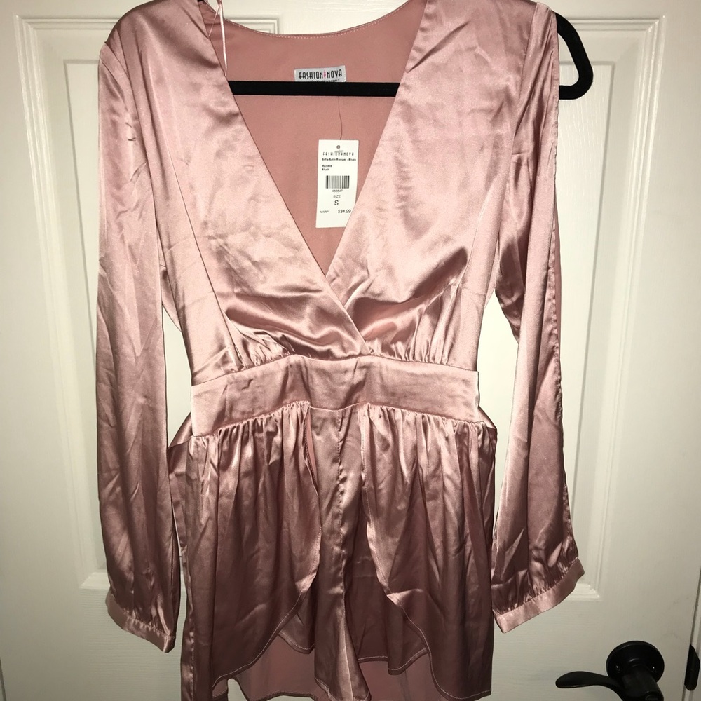 Fashion Nova silky blush pink color romper.